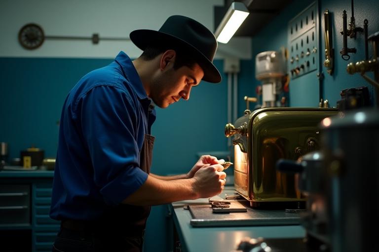 Technicien Azur & Co travaillant sur un vieil appareil avec des outils modernes, atelier d'esthétique Art Déco