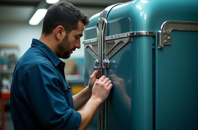 Art Deco kitchen appliance being restored by a skilled technician