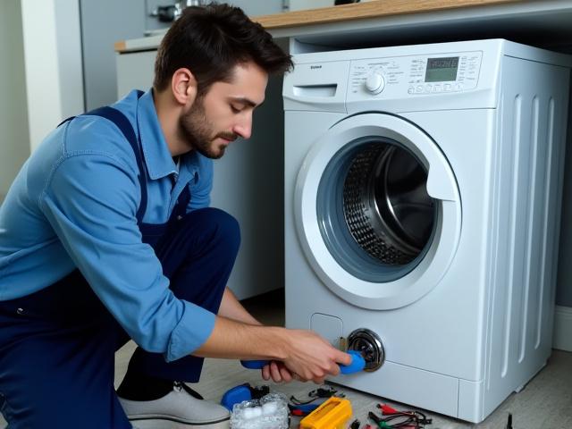 Technicien réparant un lave-linge, avec des outils et des composants sur un établi.