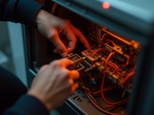 Main d'un technicien réparant des fils électriques complexes à l'intérieur d'un appareil, mettant l'accent sur l'urgence.