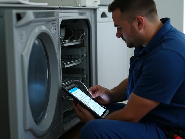 Technicien effectuant un contrôle de maintenance sur un appareil électroménager, avec une checklist et des outils.