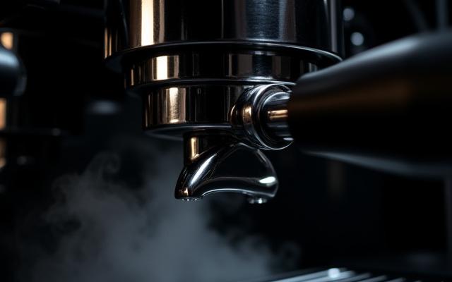Vue rapprochée d'une machine à café moderne restaurée, comme neuve.